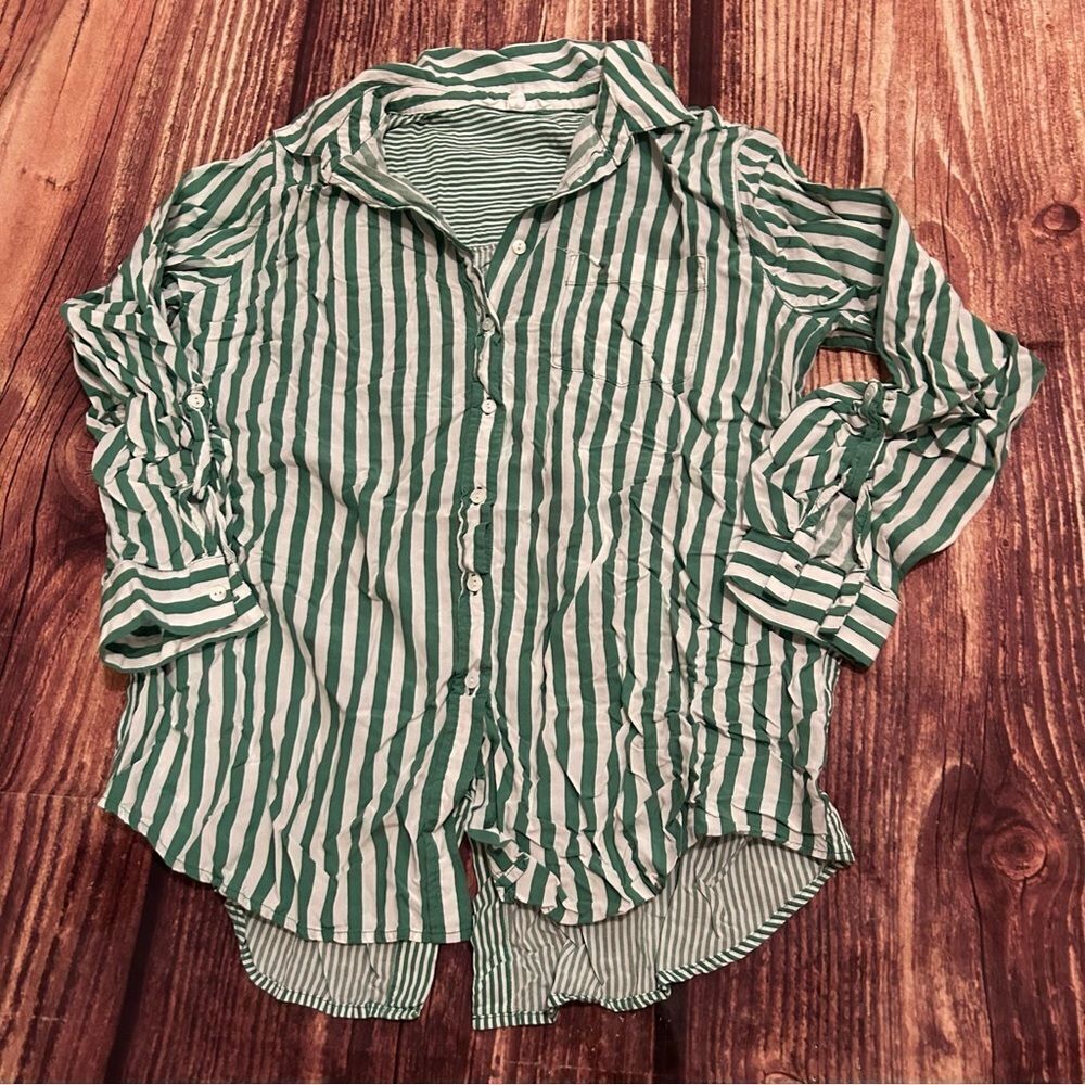 Women’s Jane And Delancey White Green Stripe Button Down Shirt 3/4 Sleeve Size L